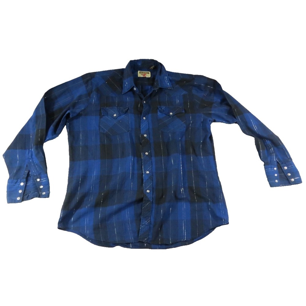 Youngbloods Western Shirt Men L Blue Black Plaid Pearl Snap Metallic Shiny Lurex